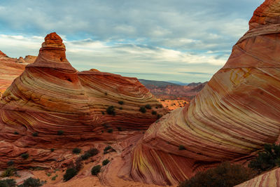 Scenic view of rock formations against cloudy sky