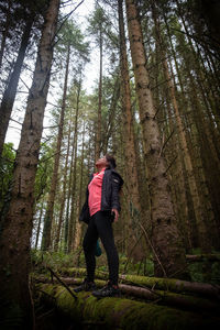 Low angle view of woman standing by tree in forest