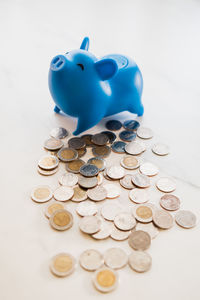 Close-up of coins on white background