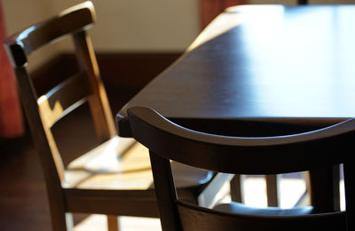 Close-up of empty chairs and table in room