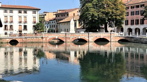 Reflection of bridge in water against sky