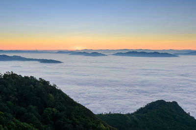 Scenic view of mountains against sky during sunset