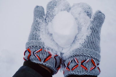 Close-up of cropped hands holding snowball