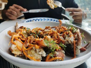 Midsection of person having food in plate