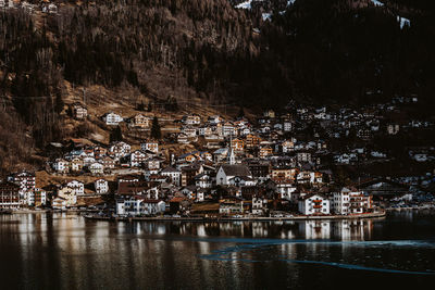 Townscape by lake in city