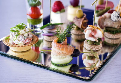 Close-up of sushi served on table