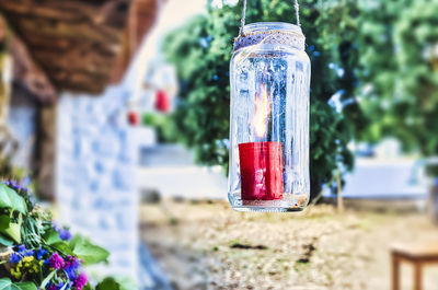 Close-up of drink in jar on table