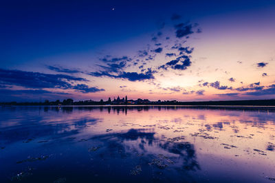 Scenic view of lake against sky at sunset