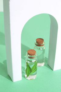 High angle view of glass bottles