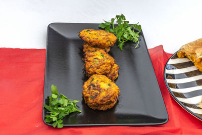 High angle view of food in plate on table