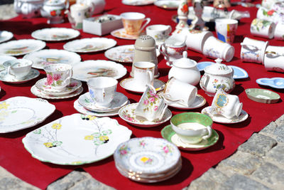 High angle view of crockery at market for sale