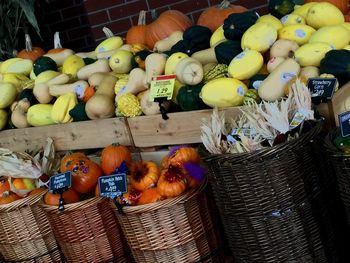 High angle view of pumpkins for sale at market stall