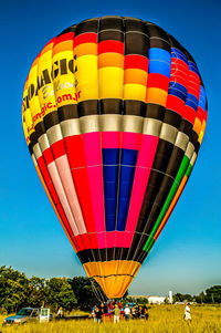 Hot air balloons flying over field against sky