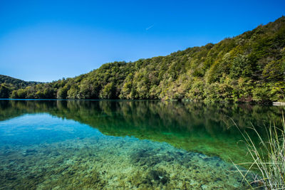 Scenic view of lake against clear blue sky