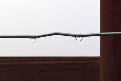 Close-up of water drops on metallic fence against clear sky