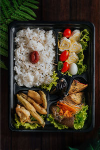 High angle view of food served on table