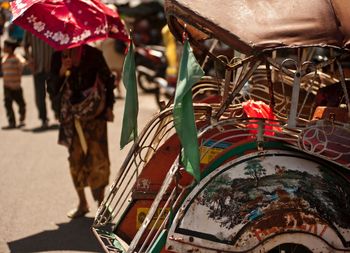 Low section of multi colored bicycles on street