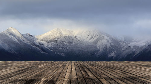 Scenic view of snowcapped mountains against sky