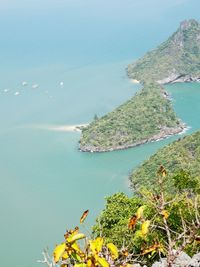 High angle view of bay against clear sky