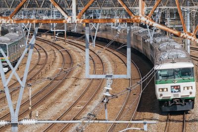 High angle view of train at railroad station