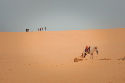 People in desert against clear sky