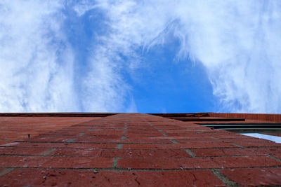 Low angle view of wooden wall against blue sky