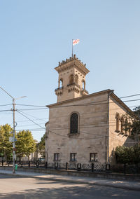 Low angle view of buildings against clear sky