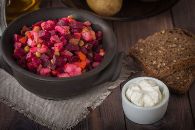 High angle view of fruits in bowl on table