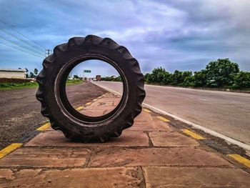 View of tire tracks on road