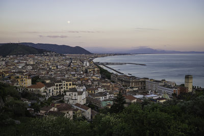 View of salerno downtown at sunset, a city along the mediterranean coast