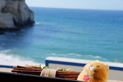 Close-up of food in sea against sky