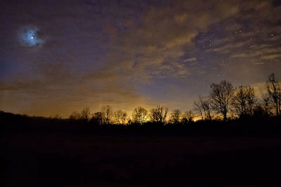 Silhouette trees on field against sky at sunset