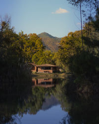 Scenic view of lake by trees against sky