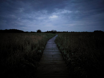 Empty boardwalk amidst plants on field against sky