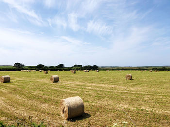 Hay bales on field against sky