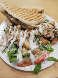 High angle view of food in plate on table