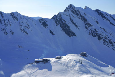 Scenic view of snow covered mountains against sky