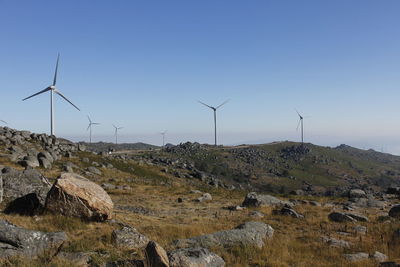 Wind turbines against clear sky