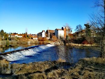 Scenic view of river against clear blue sky