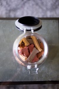 High angle view of bread in plate on table