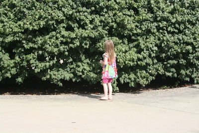 Rear view of boy with pink flowers and leaves in garden