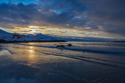 Scenic view of beach against dramatic sky