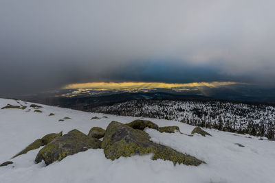 Snow covered landscape against sky