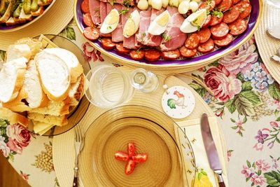 High angle view of easter food  served on table