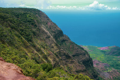 Scenic view of sea and mountains against sky