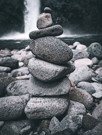 Close-up of stone stack on rock