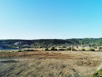 Scenic view of field against clear blue sky