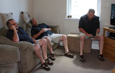Multiple image of man sitting at home