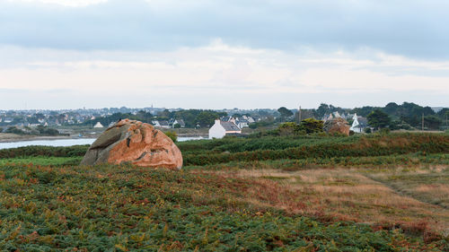 Rocks on field against sky