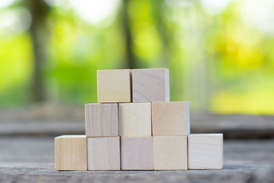 Close-up of wooden blocks on wood
